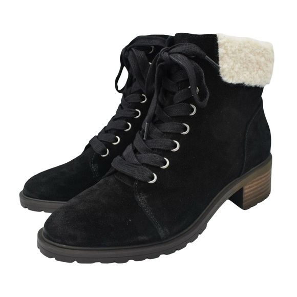 Lucky Brand "Jacenia" Black Suede Lace-Up Combat Boot Ivory Faux Shearling Cuffs - Picture 5 of 8